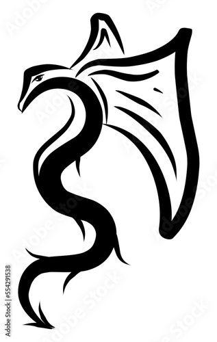 Swirl calligraphy dragon character with wings. Chinese symbol, tatto element label.  Black brush stroke