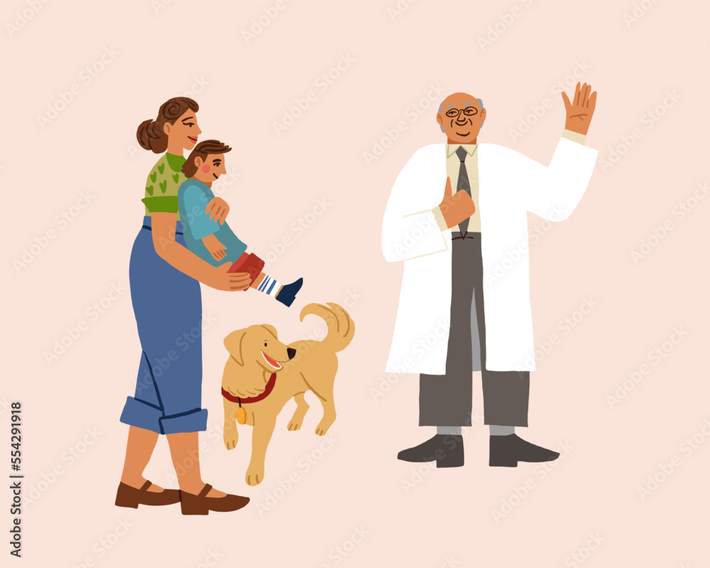 Mother and a little son visiting the doctor.Doctor,children,woman standing and smile. Vector illustration