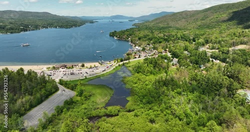 Scenic summer aerial video of the south end of Lake George, NY, Million Dollar Beach State Park, June 30, 2022
 photo