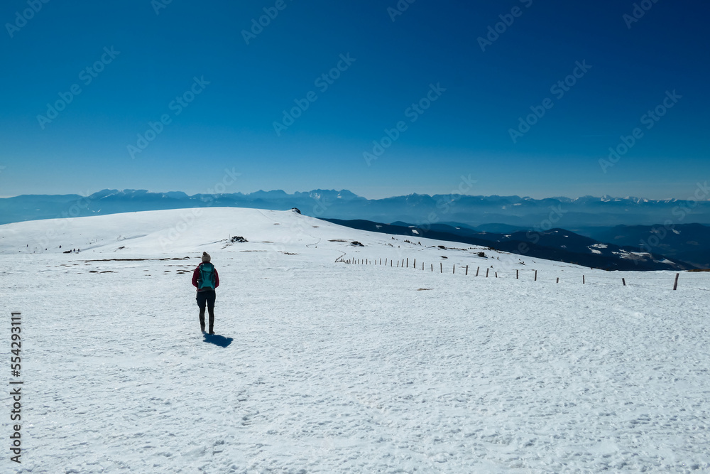 Woman hiking along fence on snow covered alpine meadow near Ladinger Spitz, Saualpe, Lavanttal Alps, Carinthia, Austria, Europe. Trekking in Austrian Alps in winter. Ski touring and snow shoe tourism