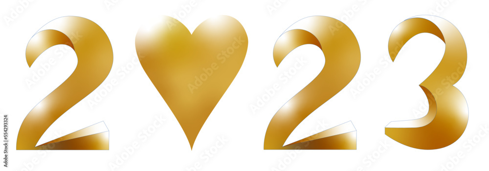2023, gold, Herz, Schrift 3d, transparenter Hintergrund 2023, gold, Herz, Schrift 3d, transparenter Hintergrund