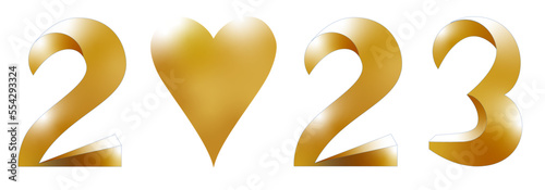 2023, gold, Herz, Schrift 3d, transparenter Hintergrund