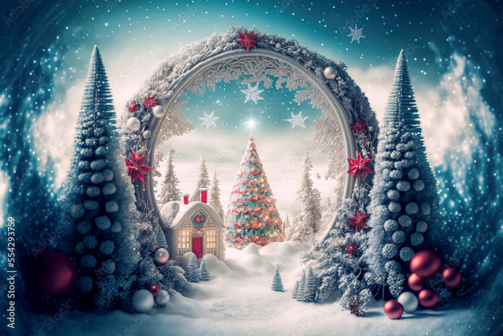 A beautiful Merry Christmas scene with a festive night snow background and a winter landscape. A