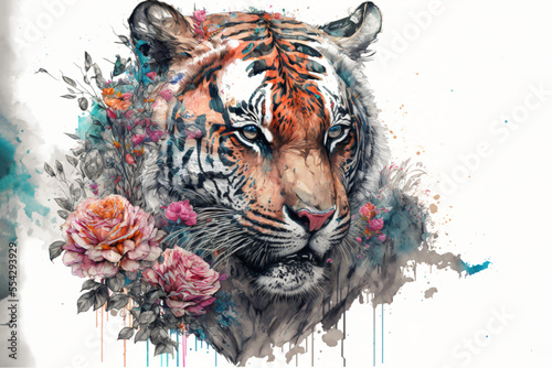 Illustration of tiger surrounded by roses and lilies and peonies