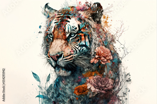 Illustration of tiger surrounded by roses and lilies and peonies, tiger illustration, tiger drawing, tiger mascot, tiger art, © Pinevilla
