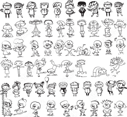 Happy children doodle set. Funny small kids play, run and jump. Set of elements in childish doodle style. Hand drawn illustration