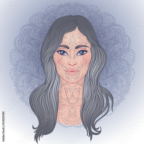 Lady of Sorrow. Devotion to the Immaculate Heart of Blessed Virgin Mary, Queen of Heaven. Vector illustration over halo or ornate mandala isolated. Hand-drawn, religion, spirituality, occultism