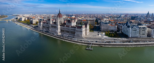 Aerial view of the city Budapest in Hungary on a sunny day in autumn.