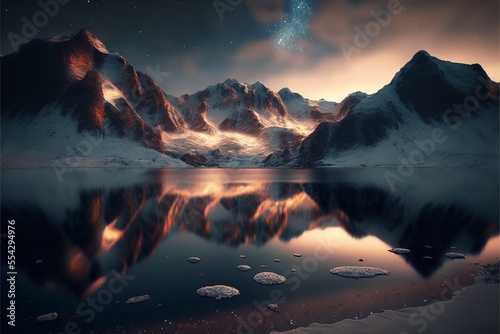 Beautiful polar lake landscape with snow and moon. Beautiful polar lake view. © Concept Killer