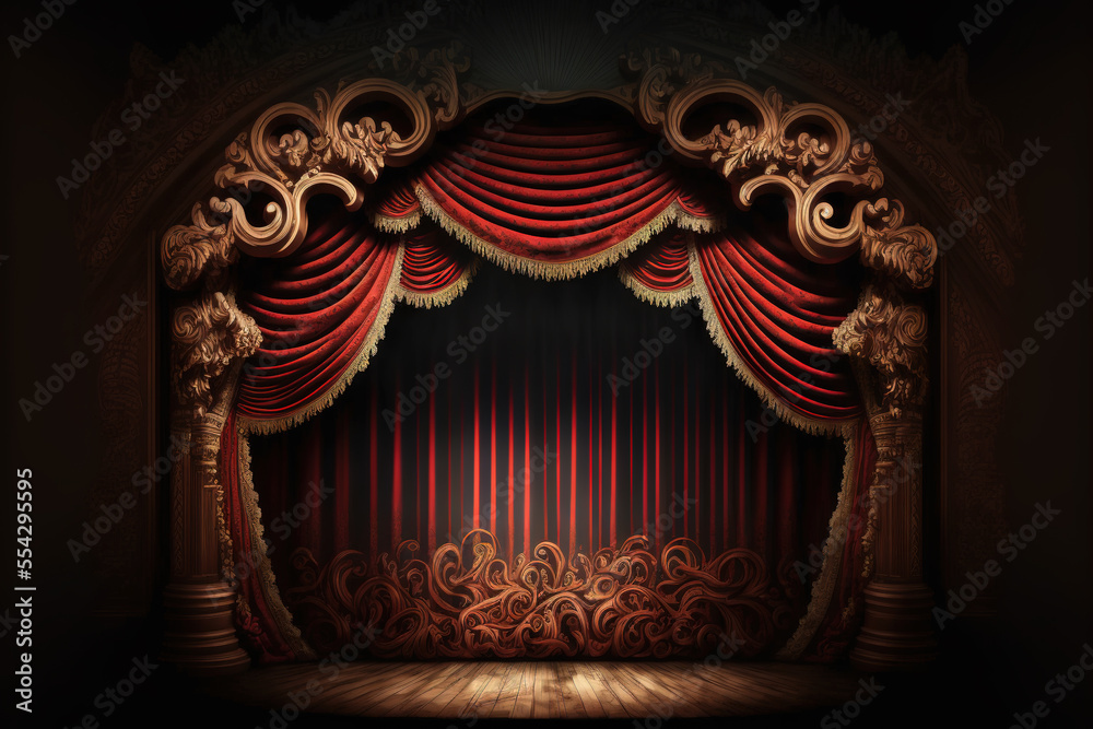 Theater stage with red curtains and spotlights, Ai generative illustration - obrazy, fototapety, plakaty 