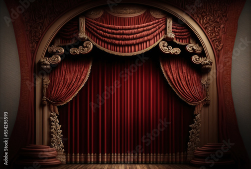 red satin curtain with wooden  floor, red shiny , Ai generative illustration