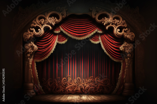 Slika na platnu Theater stage with red curtains and spotlights, Ai generative illustration