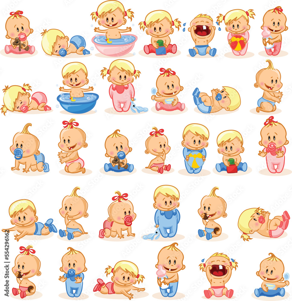 Set with cute little baby in different situations. Playing, sleeping, sitting, lying, crawling baby. Happy smiling newborn boy or girl. Set with cute little baby in different situations. Playing, sleeping, sitting, lying, crawling baby. Happy smiling newborn boy or girl.