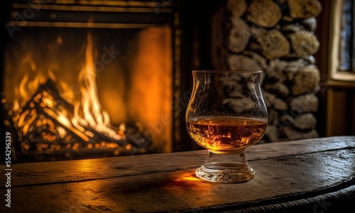 Glass of Whisky by the Old Stone Fireplace in Winter Cozy Evening. Generative AI. photo