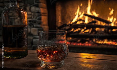 Glass of Whisky by the Old Stone Fireplace in Winter Cozy Evening. Generative AI. photo