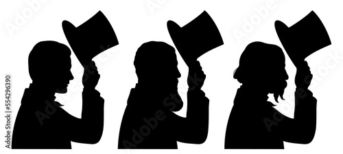 Profile portraits silhouettes of three Victorian men who take off their top hats.