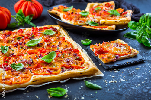 Tomato tart made with puff pastry, healthy vegetarian food