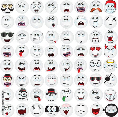 Flat white emoji collection. Happy smile, sad crying face and angry facial expressions. Emoticons vector icons