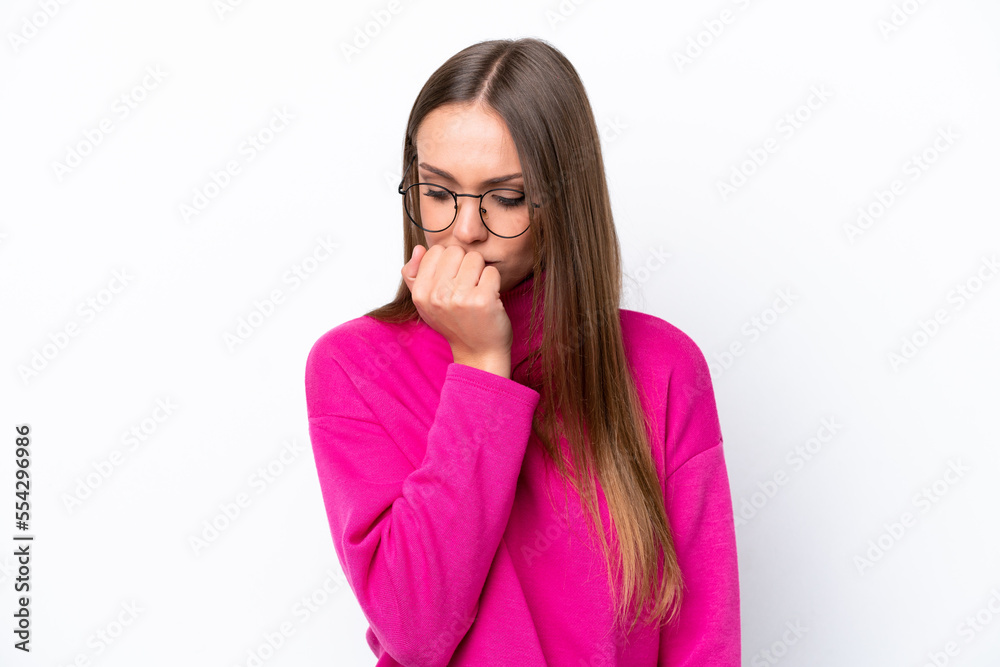 Young caucasian woman isolated on white background having doubts Young caucasian woman isolated on white background having doubts