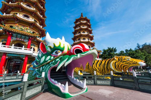 Architecture view of the Dragon and Tiger Pagodas in Lotus Pond of Kaohsiung, Taiwan. it is a temple located at Lotus Pond. photo