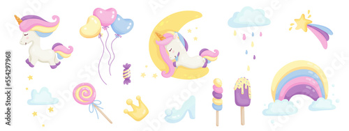 Cute rainbow unicorn unicorn clipart. Cartoon vector graphics.