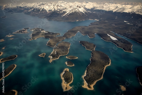 Islands surrounded by icy waters near Glacier Bay National Park, Alaska, USA