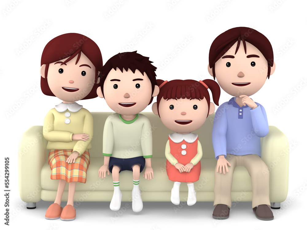 Mother, father and son and daughter, sitting on the sofa, 3D illustration. Mother, father and son and daughter, sitting on the sofa, 3D illustration.