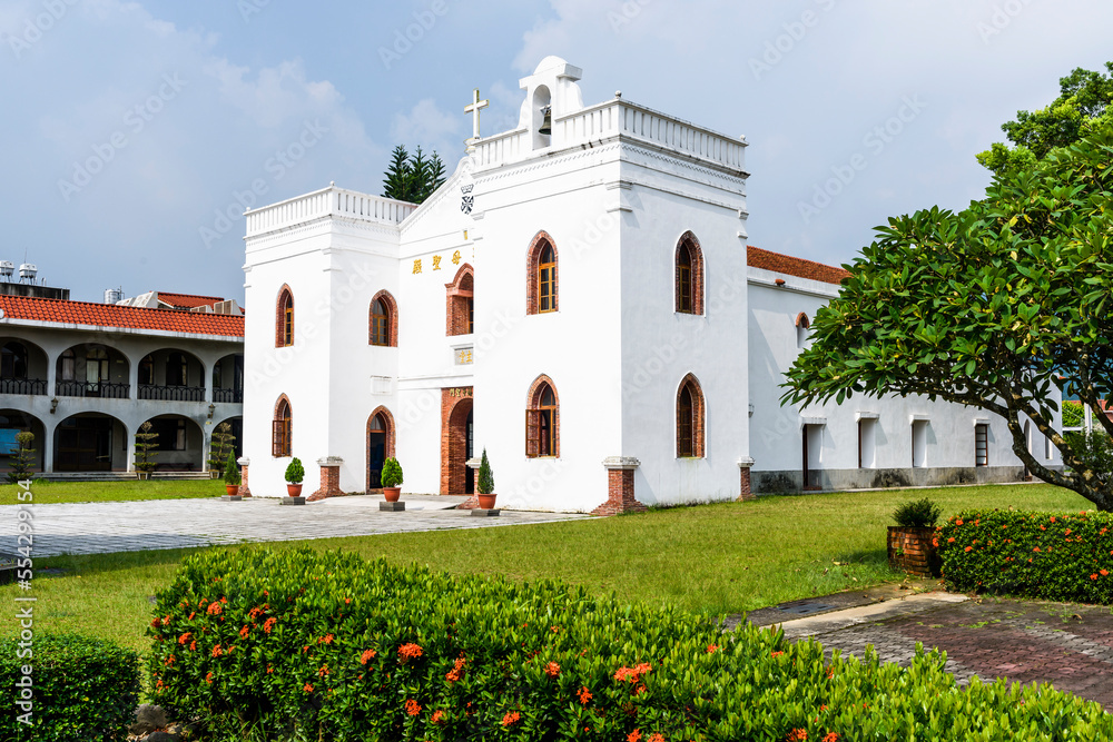 Building view of the Wanchin Basilica of the Immaculate Conception, An old Catholic church in Wanjin Village, Pingtung County, Taiwan