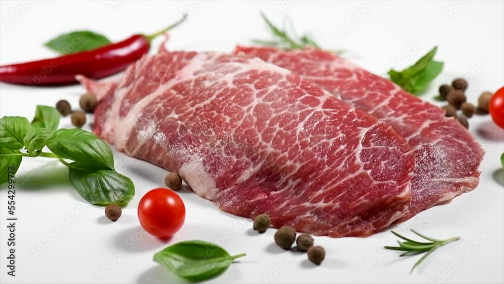Raw meat on white background, close up. Prime fillet meat. Marble beef steak Black Angus Steak Rib eye. Spices. Slow motion Raw meat on white background, close up. Prime fillet meat. Marble beef steak Black Angus Steak Rib eye. Spices. Slow motion