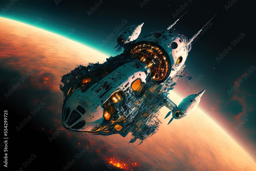 Digital artwork of a futuristic sci fi battleship in orbit around a ...
