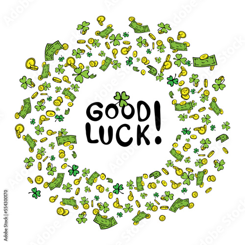 Sticker with crazy leprechaun in green cap and red beard and gold coins with text Happy St Patrick Day — копия