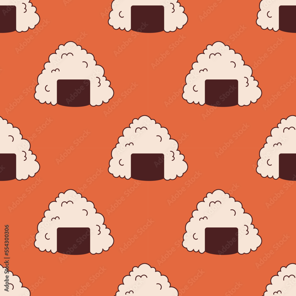 Vector seamless pattern with onigiri in retro style. Rice balls on red background 70s. Groovy asian food.