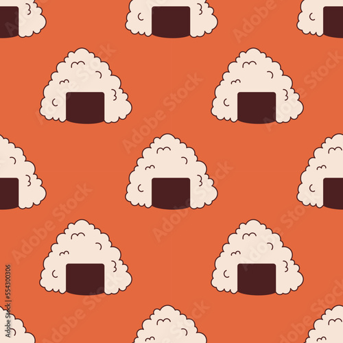 Vector seamless pattern with onigiri in retro style. Rice balls on red background 70s. Groovy asian food.