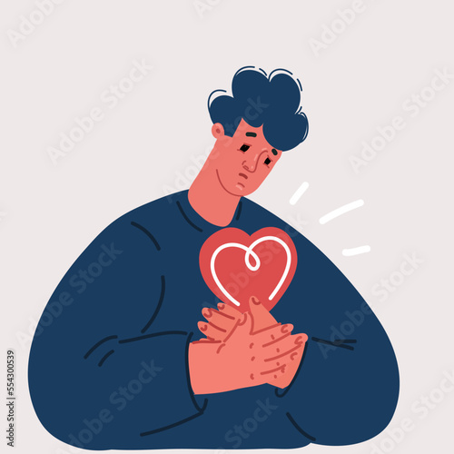 Young man with heart pain touching his chest. Flat modern trendy style.Vector hand drawn character illustration. Isolated on white background. Heart attack, stroke concept.
