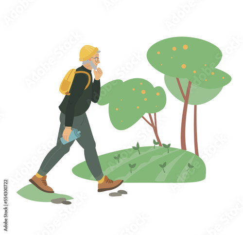 Old man hiking. Everyday sport. Editable vector illustration