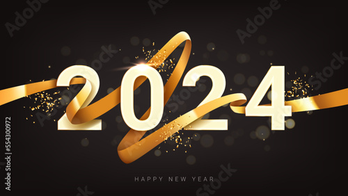 2024 Happy New Year banner. Number 2024 with 3d realistic golden ribbon and confetti on black background. Vector illustration for decoration of New Year events, banners, posters and flyers.