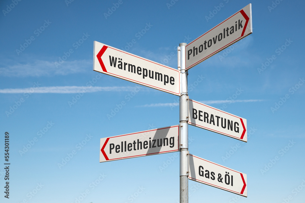 Fototapeta premium Wegweiser, Welche Heizanlage einbauen?
