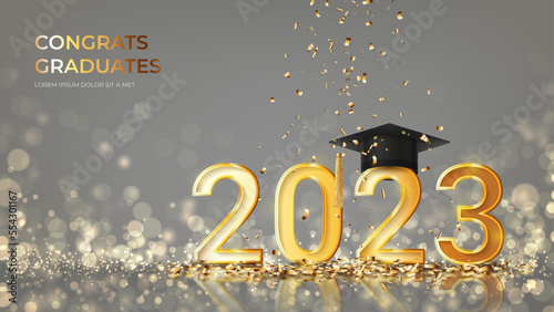 Banner for design of graduation 2023. Golden numbers with graduation cap and confetti on background with effect bokeh. Congratulations graduates 2023. Vector illustration for degree ceremony design.