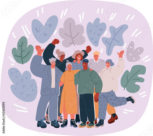 Multicultural team flat vector illustration. Unity in diversity. People of different nationalities and religions cartoon characters. Multinational society. Teamwork, cooperation, friendship concept.