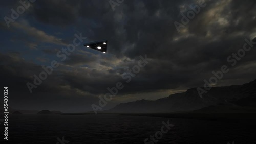 3D-rendering. Triangular ufo hung in the sky in the evening	