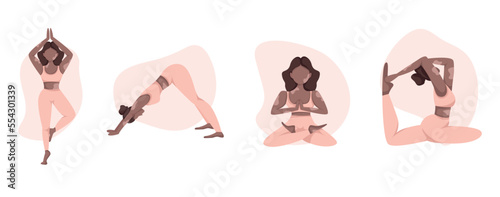 Collection of illustrations of yoga poses.Woman with vitiligo.