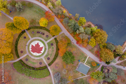 Aerial view of High Park in Toronto. Fall canadian landscape from a Drone. Autumn in Canada.
