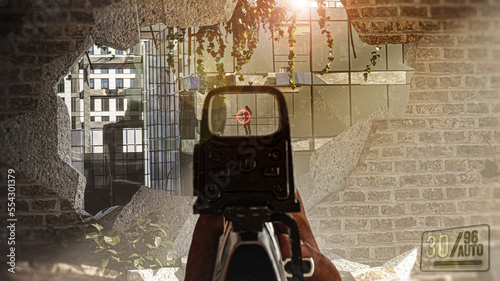 Foto First-person shooter war game screenshot concept - man aiming enemy with an AK-4