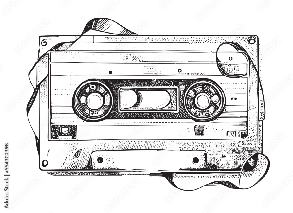 Audio cassette sketch hand drawn vintage music Vector illustration