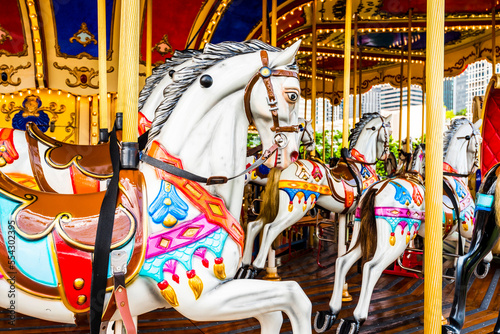 Close-up of carousel rides in central, Hong Kong.