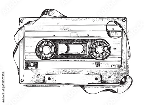 Fototapeta Audio cassette sketch hand drawn vintage music Vector illustration