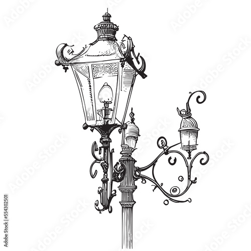 Street lamp retro sketch hand drawn vintage Vector illustration