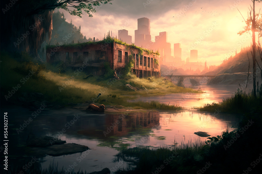 sunset in abandoned city