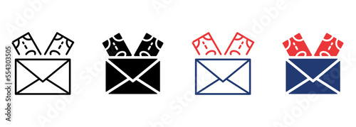 Envelope with Money Icon. Financial Gift, Donation and Charity Pictogram. Banknote in Envelope Icon. Concept of money transfer, payment, Corruption. Editable stroke. Vector illustration