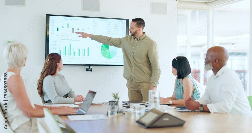 Marketing presentation, data analysis and business people meeting, planning and working on company research. Investment strategy, results and businessman talking about agency analytics in a seminar